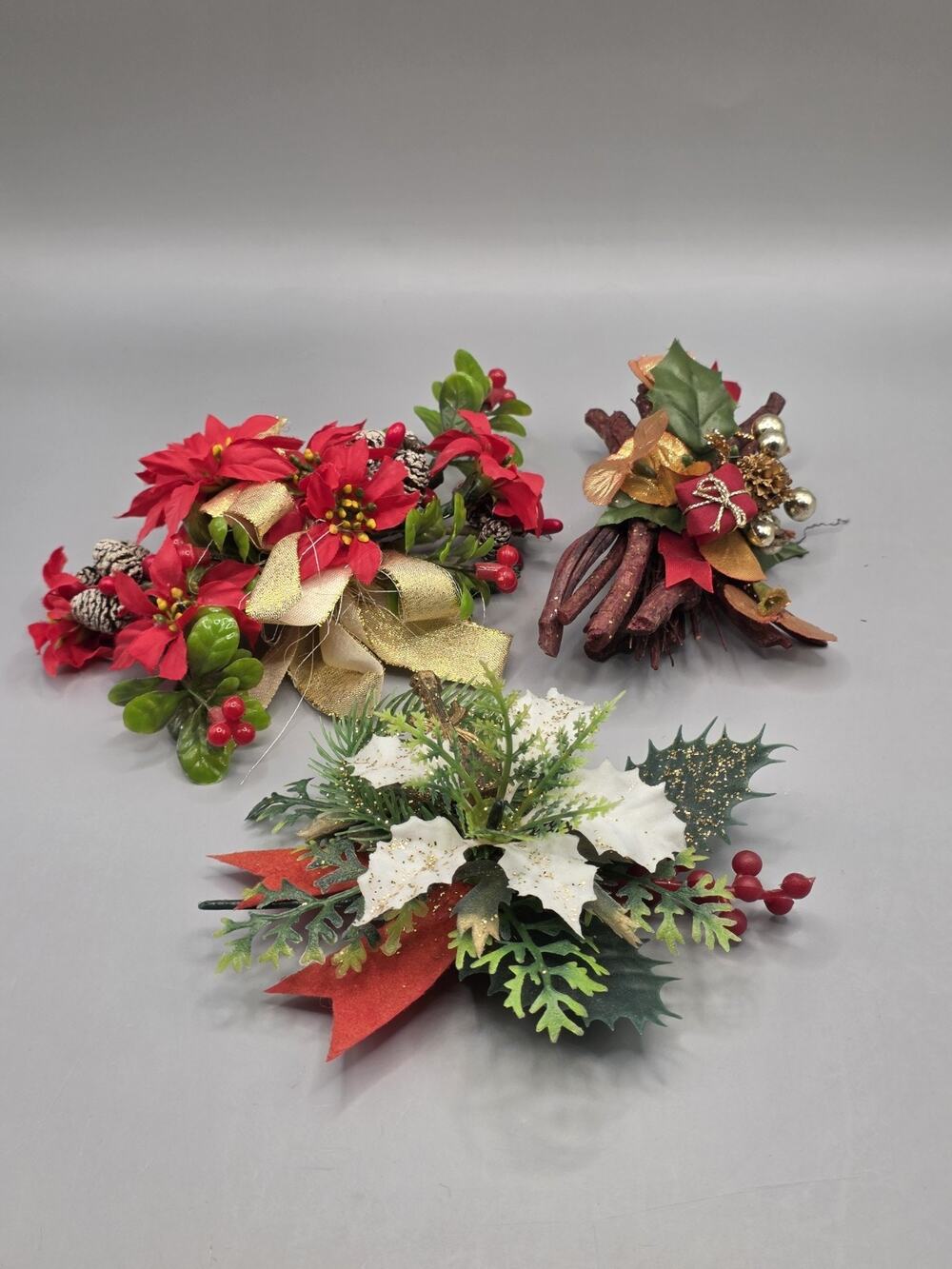 Vintage Christmas Floral Picks Swag Lot 3 Poinsettia Holly Festive Crafts